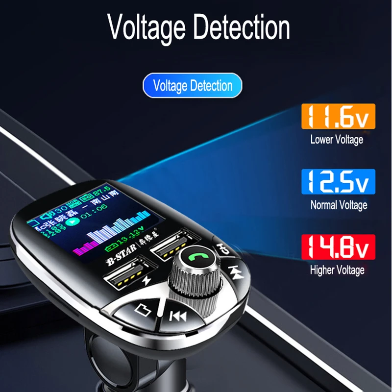 JINSERTA Car Bluetooth5.0 FM Transmitter Modulator Color Screen Hands-free MP3 Player Dual USB Charger with Remote Control
