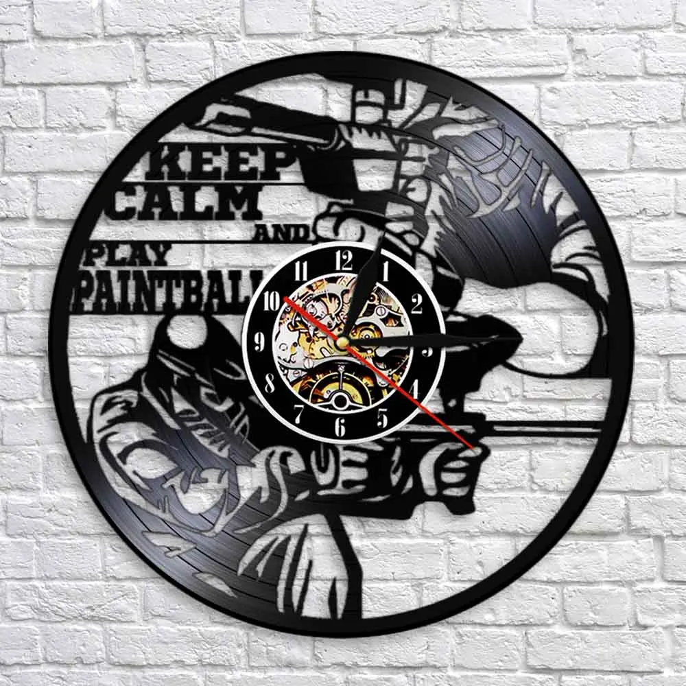 KEEP CALM And PLAY PAINTBALL Sport Themed Wall Decor Clock Vintage Vinyl Record Hanging Clock 3D Watches Modern Design Decor