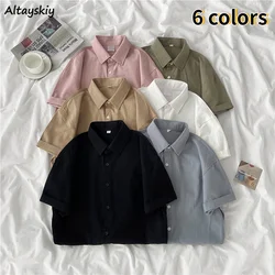 Shirts Womens Loose Solid Korean Style Casual Turn-down Collar Simple Summer Short Sleeve Trendy Student All-match Female Tops