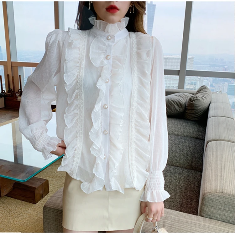 トップス APRON TOPS &BIG COLLAR DRAWSTRING BLOUSE Spring Autumn Square Collar Halter Ruffles Lace Up Chiffon