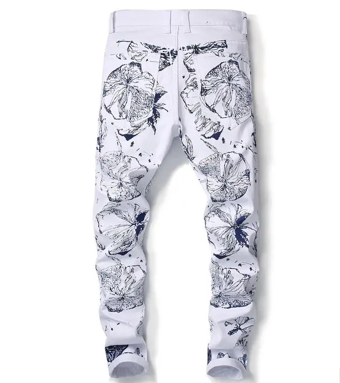 Floral New Fashion Flower Digital Print Jeans Men's Punk Rock Nightclub Elastic White Skinny Casual Pants Trousers #906