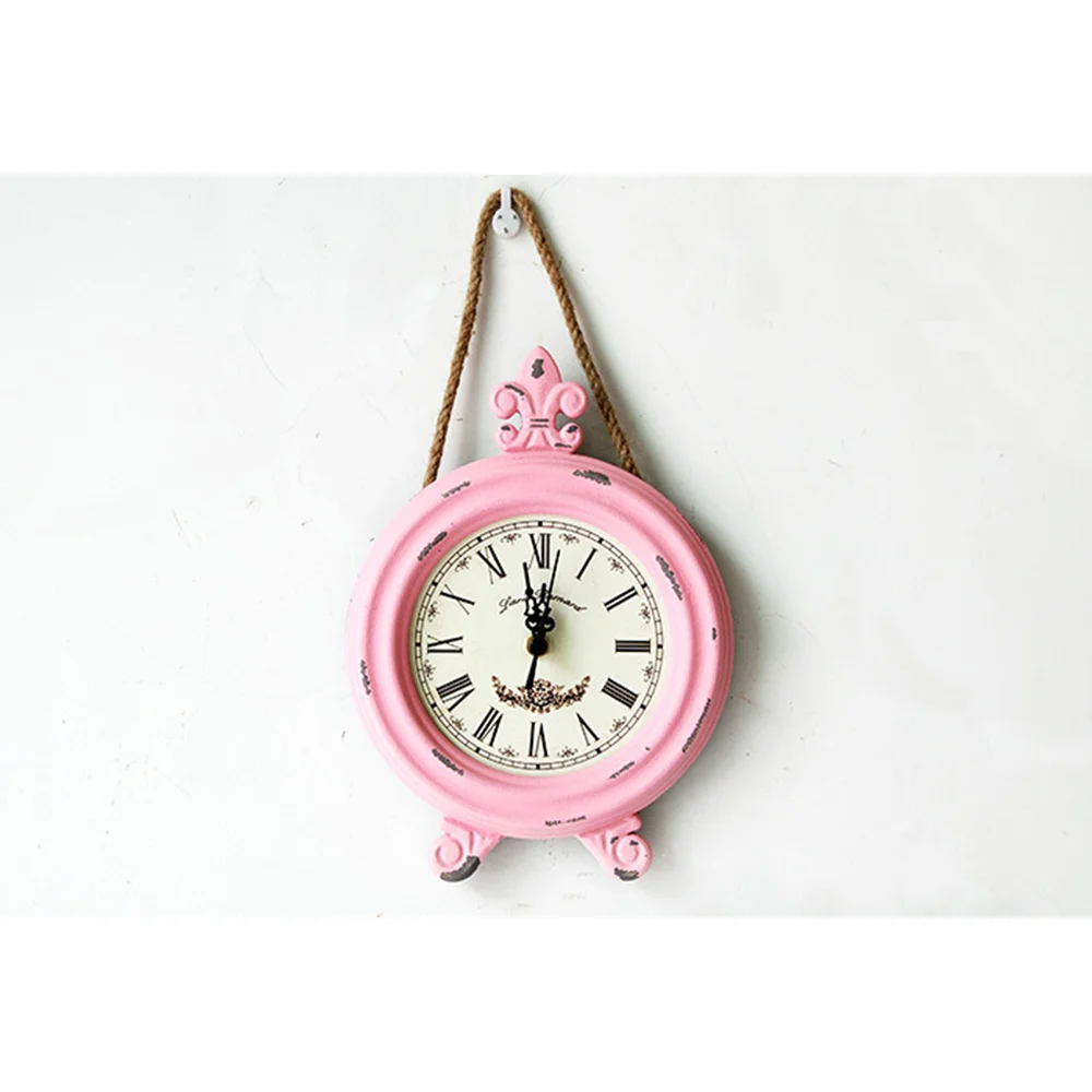 Nordic Nostalgic Hemp Rope Wall Clock Pink Retro Round Wooden Get Old Paint Drop Hanging Small Clocks Home Decoration Crafts
