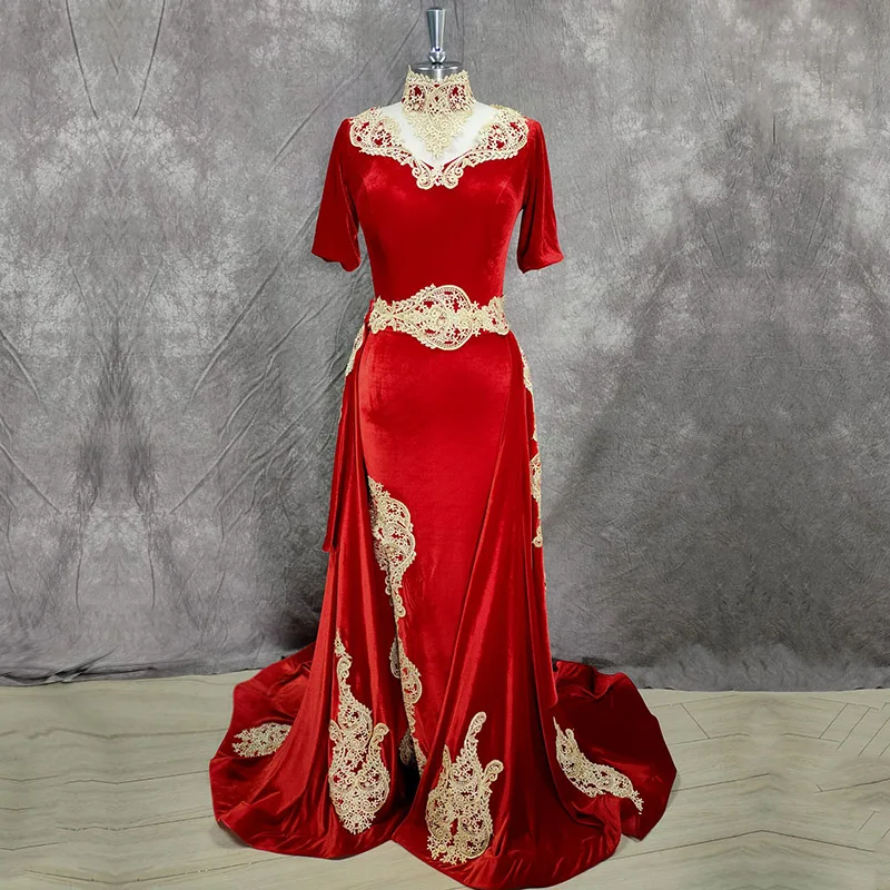 Eightale Arabic Evening Dress with Detachable Train Real Photo Appliques Morocco Kaftan Mermaid Velvet Red Prom Party Gown