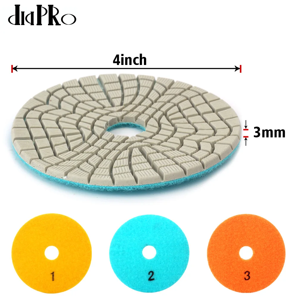 Almohadillas de pulido en húmedo superflexibles, 4 ", almohadillas de pulido de diamante, 3 escalones, para piedra de ingeniería de granito y mármol