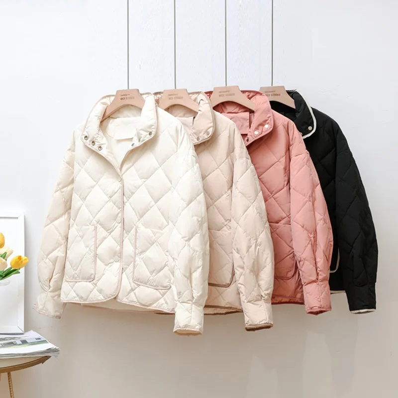 Winter 2021 New Stand Up Collar Lightweight Down Jacket Women Rhombus Lattice Thin Fashion All Match Singel Breasted Short Coat