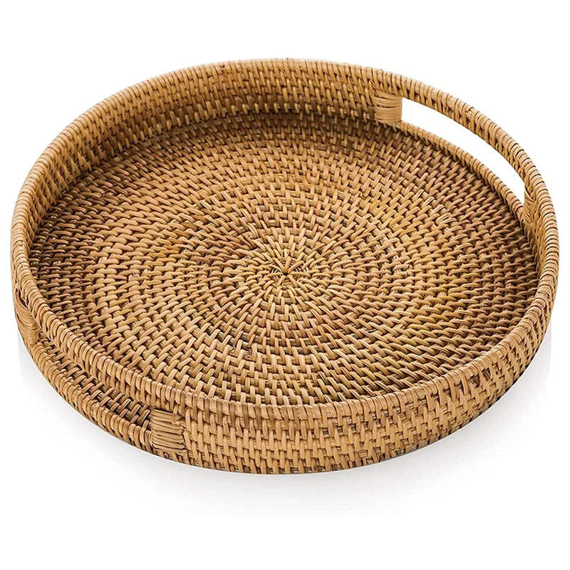 Round Rattan Woven Serving Tray with Handles, Ottoman Tray for Breakfast, Drinks, Snack, Coffee Table, Home Decorative