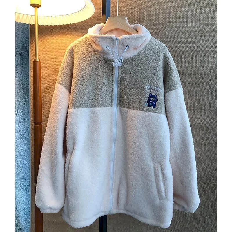 2024 Winter Cotton Jacket Korean Students Loose Large Size Imitation Lamb Wool Stitching Fake Two Piece Hooded Thick Cotton Coat