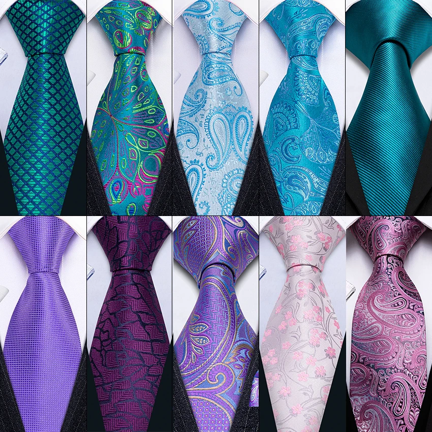 Teal Blue Green Pink Purple Floral Men Silk Necktie Fahsion Men Tie Handkerchief Cufflinks Sets Men Gifts Barry.Wang Designer