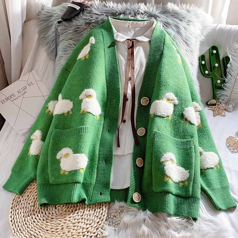 spring Knitted Cardigan Cute Cartoon Print  Women Sweater Coat Korean Style Cardigan Sweater For Women