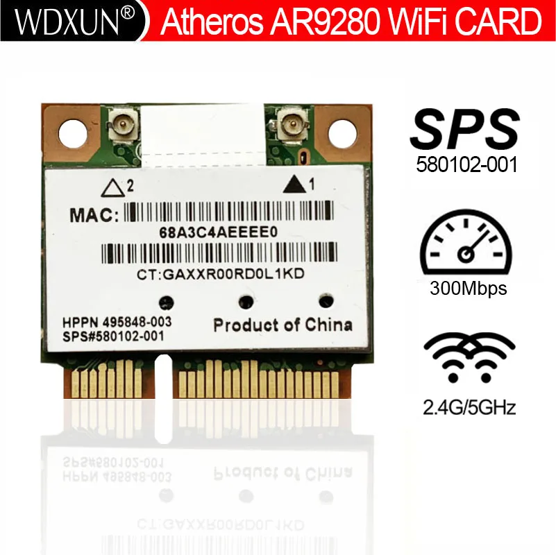 

Mini Wireless N PCIe Card Atheros AR5BHB92-H AR9280 DV7 Series 300Mpbs 802.11a/b/g/n Dual 2.4/5 GHz 2x2 MIMO