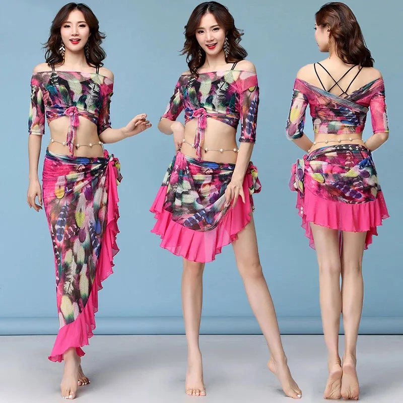 แฟชั่น Belly Dance เครื่องแต่งกายฤดูร้อนปฏิบัติเสื้อผ้า2021ใหม่พิมพ์ผ้าพันคอยาวกระโปรงชุดเต้นรำโอเรียนเต็ลชุดผู้หญิง