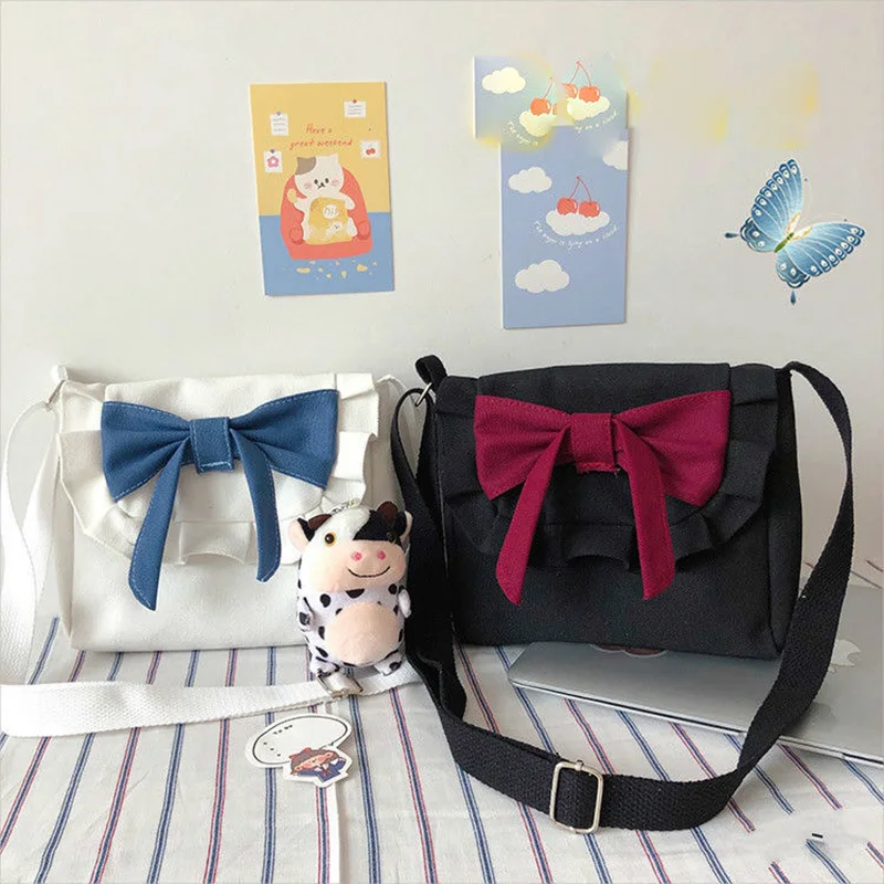 Lolita Fashion Bow Women Shoulder Bag Canvas Retro Casual Messenger Bag JK Girl Crossbody Bag Shopping Bag Dropshipping