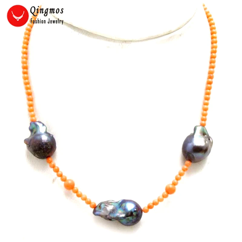 Qingmos 14*25mm Baroque Natural Black Pearl Pendant Necklace for Women with 3-4mm Natural Pink Coral Necklace Chokers Jewelry