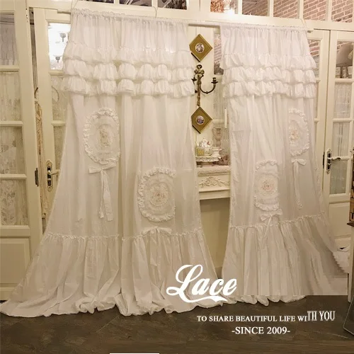 Handmade 100% Cotton Blackout Curtains Princess Ruffles Cake Layer Soild White Cortinas Lolita Palace Luxury Brand Window Drapes