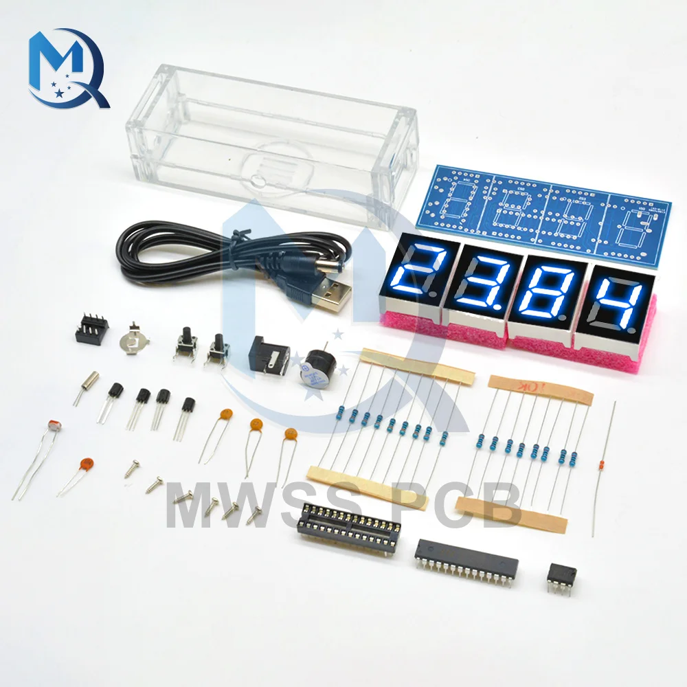4-Digit LED Digital Electronic Temperature Clock DIY Kit Electronic ClockTime Light LED Microcontroller With Transparent Case