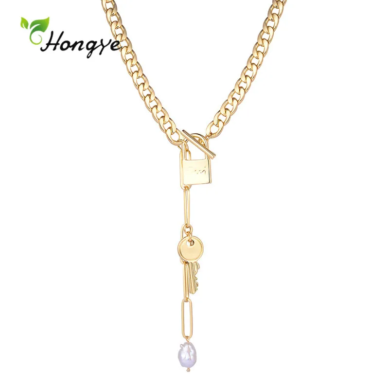 

Hongye Irregular Chunky Natural Pearls Pendant for Women Link Chain Lock Key Necklace Party Weeding Punk Jewelry Fachion New