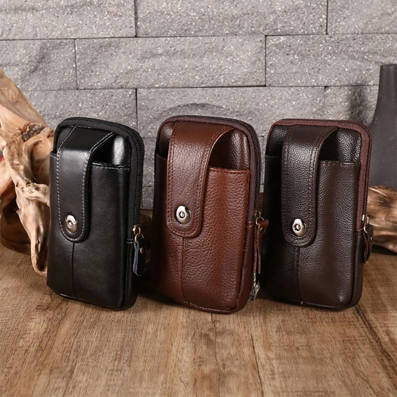 Men Vintage Cowhide Leather Waist Fanny Pack Phone Card Holder Bum Bag Belt Holster Carry Phone Bag Travel Hip Hanging Purse