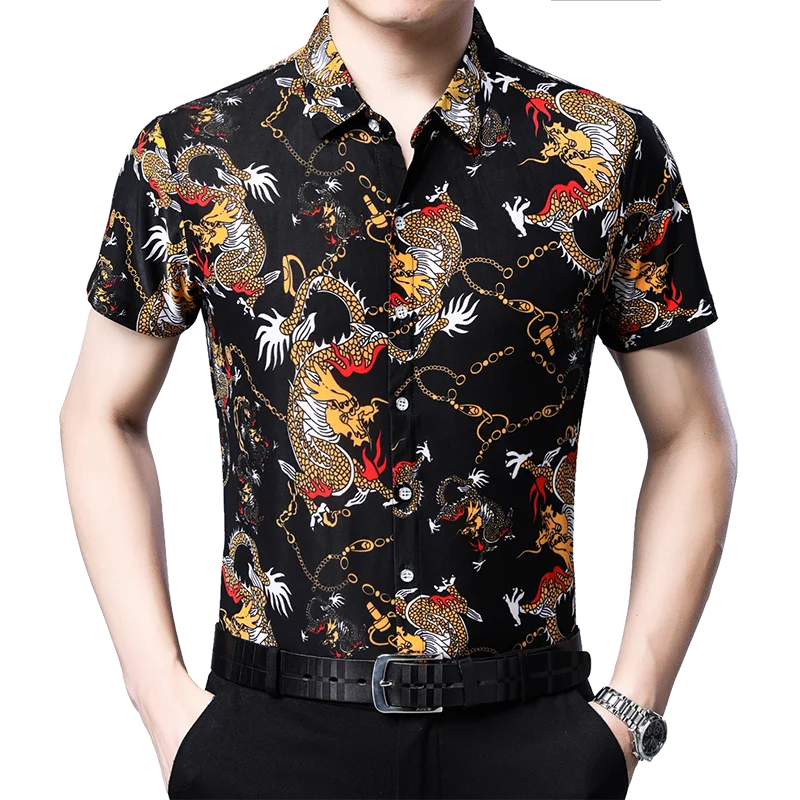 Summer Casual Man Dragon Print Shirt Fashion Lapel Button Mens Blouse Streetwear Short Sleeve Printing Dress Shirts