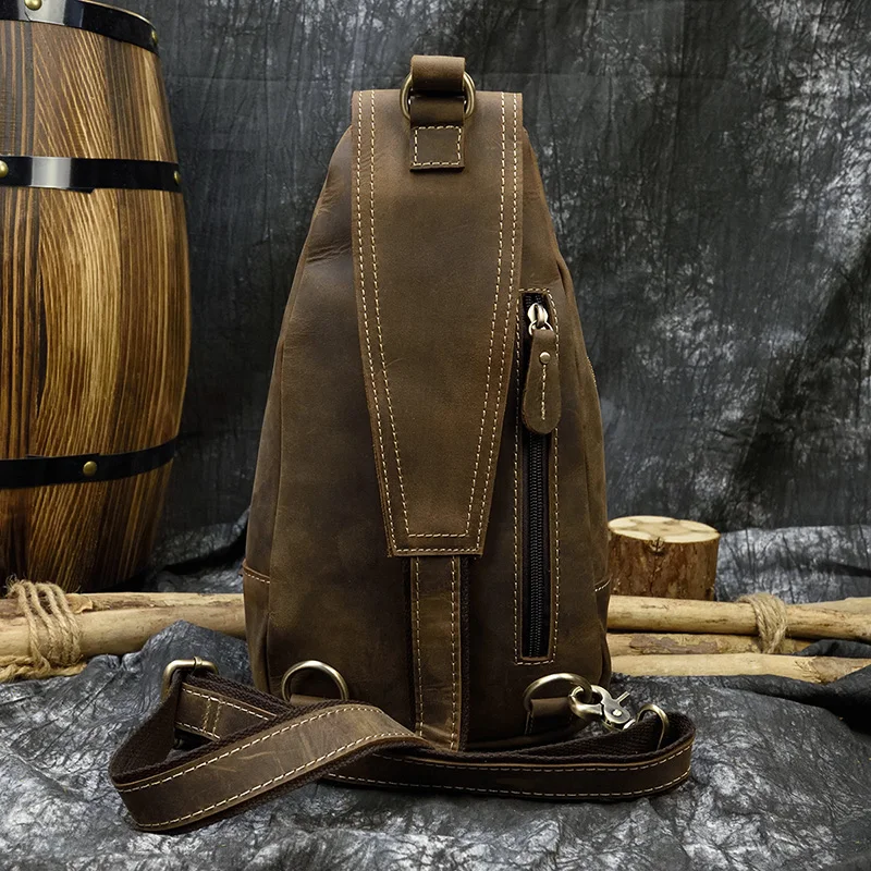 Men\'s Crazy Horse Leather Sling Backpack Chest Bag Small Casual Travel Bag Vintage Cow Leather Crossbody Bag Cowhide Rucksack