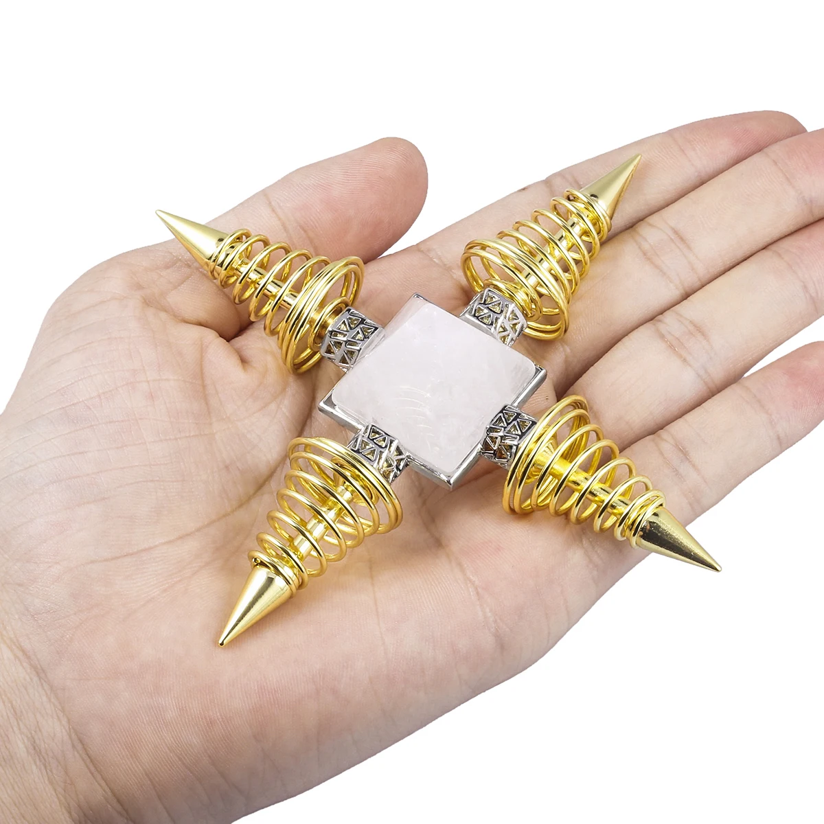 TUMBEELLUWA Natural Crystal Stone Pyramid Spiritual Generator With Gold Plated Spring Points Meditation Tool Gift