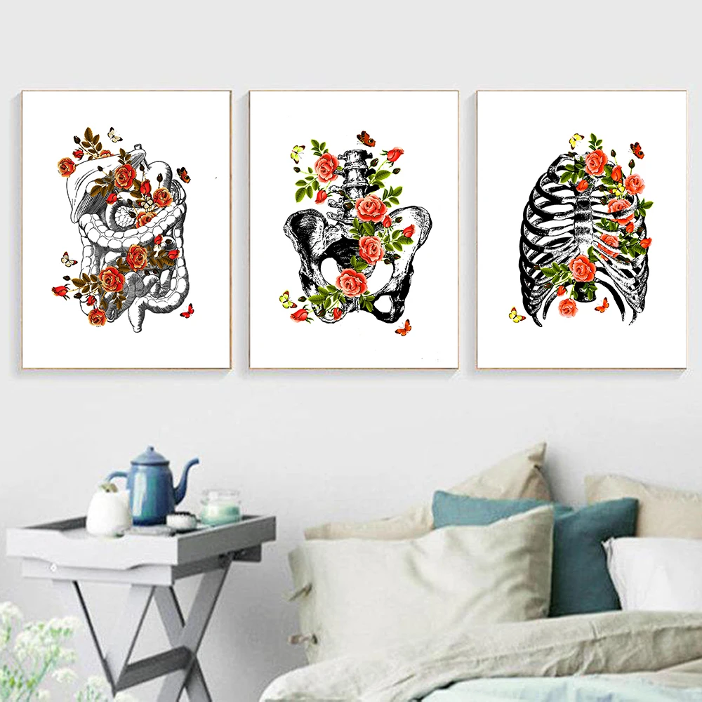 Vintage Anatomy Art Medical Canvas Painting Floral Organ Heart Lung Poster Print Student Education Hospital Picture Modern Decor