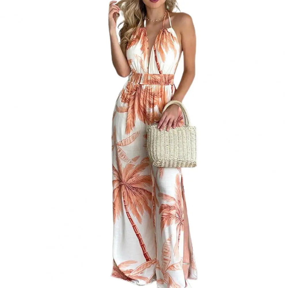 Dropshipping! Gợi Cảm Thời Trang Jumpsuit Nữ Không Tay In Hình Ống Rộng Xẻ Viền Dây Rời-Cổ Rộng Jumpsuit Áo Liền Quần