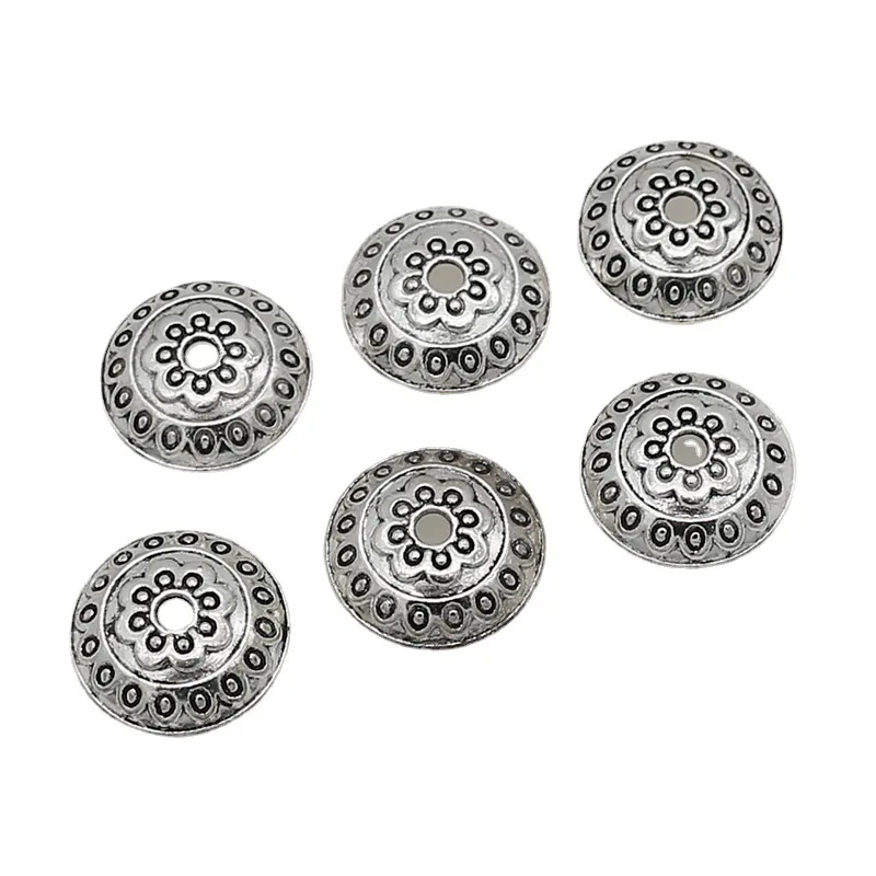 50pcs/lot Bohemia Antique Silver Flower Round Bead Caps 14mm Decoration Zinc Alloy Beaded End Cap Charms DIY Jewelry Findings