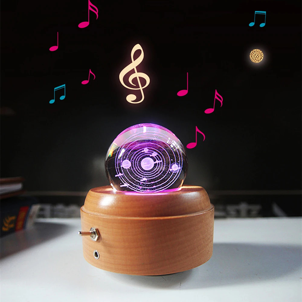 Wooden Rotating Music Box Led Lamp Night Lights for Bedroom Crystal Ball Light Switch Living Room Decoration Kawaii Decor Gifts