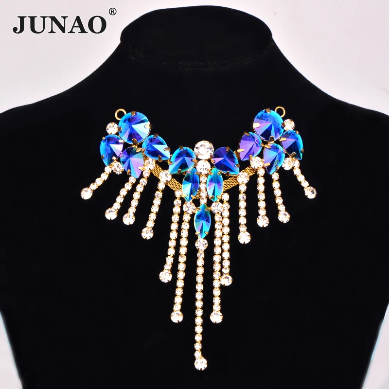 JUNAO 88*100mm 1pcs Sewing Crystal AB Glass Flower Rhinestone Applique Trim Crystal Fringe Strass Buckle for Necklace Decoration