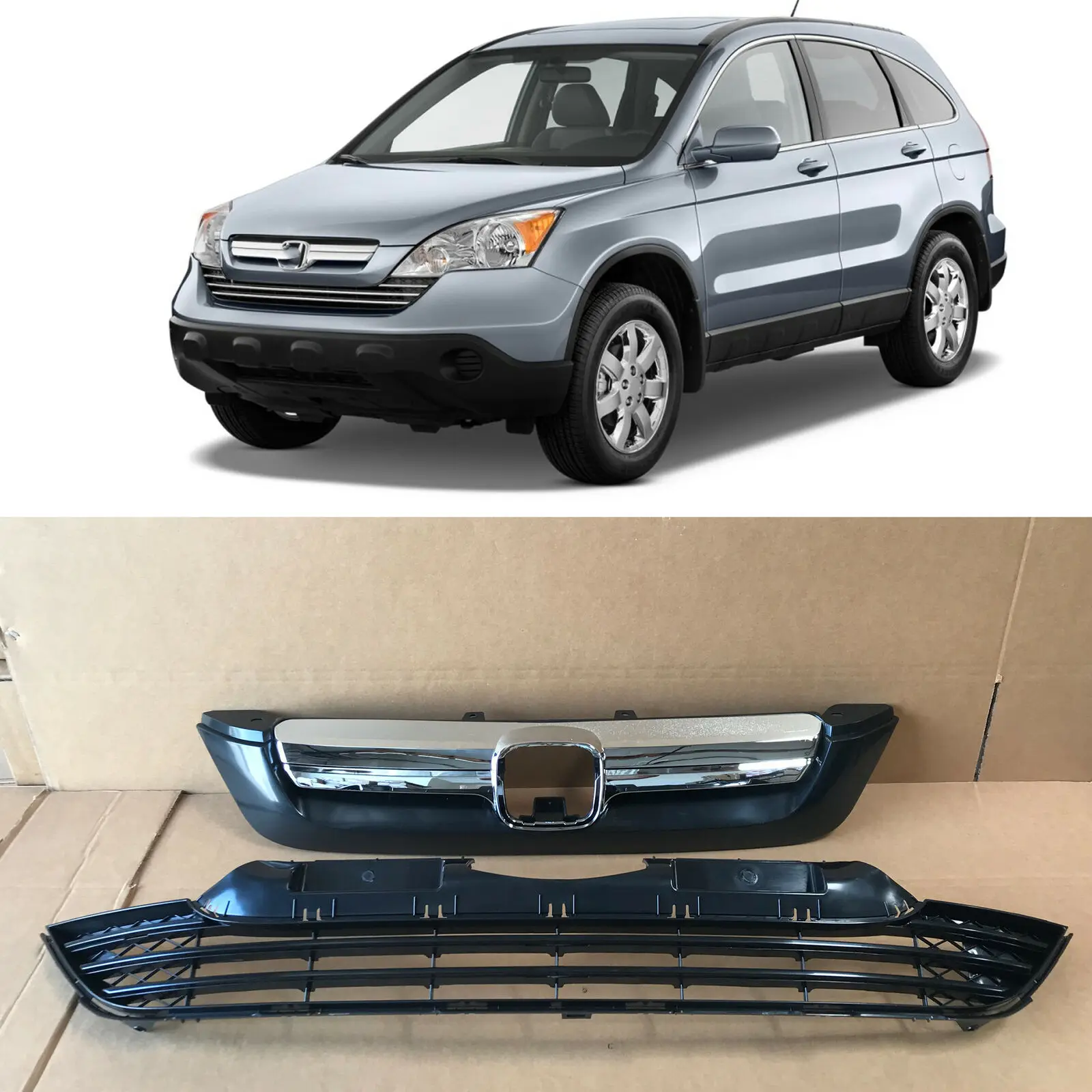 For Honda CRV CR-V 2007 2008 2009 2pcs ABS Chrome Front Upper Lower Bumper Grill Grille Replacement