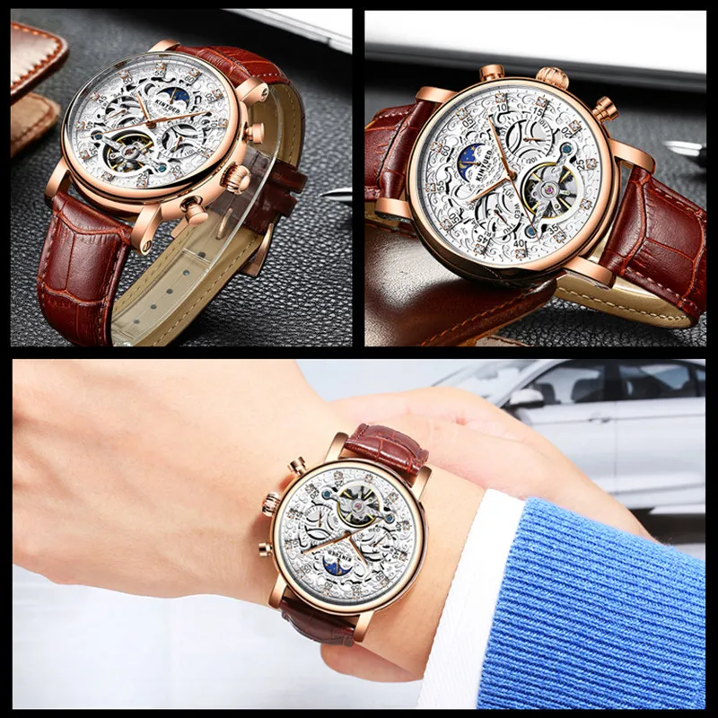 KINYUED Men Sun Moon Phase Wrist Watch Male Skeleton Automatic Mechanical Watches Waterproof Business Watch for Men reloj hombre