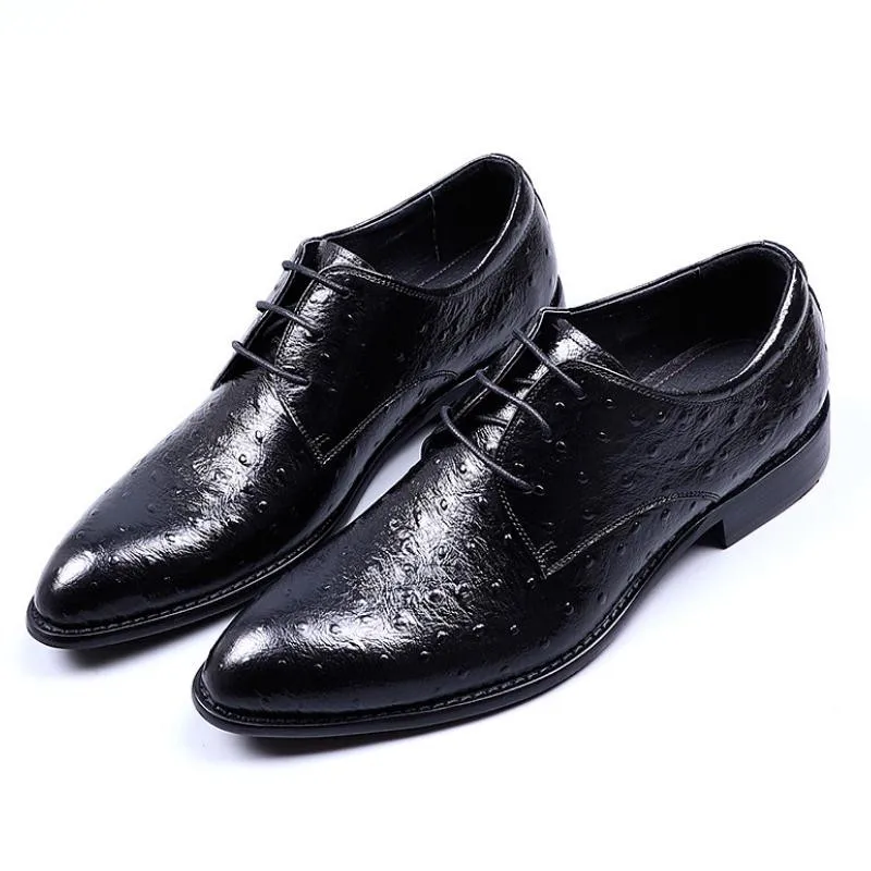 

Pointed Toe Genuine Leather Weddign Men Shoes Black Ostrich Pattern Business Dress Shoes High Grade Office Work Mens Shoes 37-44