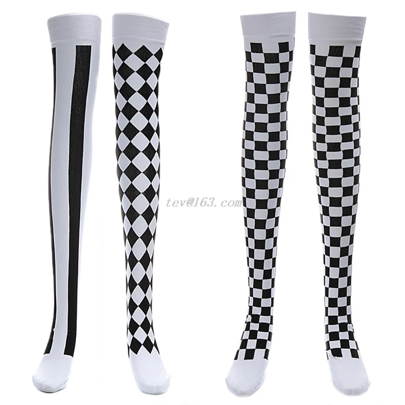 Clown Costume Black White Plaid Knee-High Long Socks Halloween Carnival Party