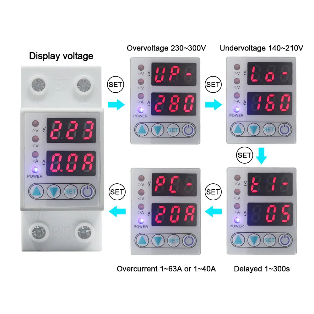 Voltmeter Ammeter 63A/40A 220V AC Digital Din Rail Adjustable Energy Current Over Voltage Protective Meter Surge Protector