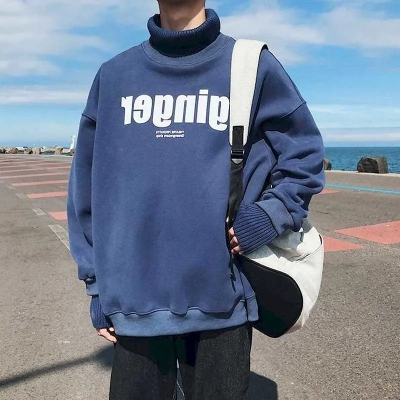 

New high-necked sweater male student stitching jacket Korean version loose plus velvet thick winter men's clothing ins H