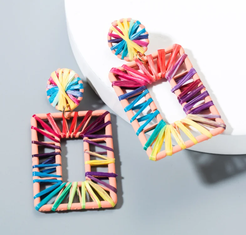 Free Shipping HER051 100Pairs/lot Woven Rectangle Earring W Colorful Raffia Ear Nail Fashion Women Wearing Jewelry Wholesales