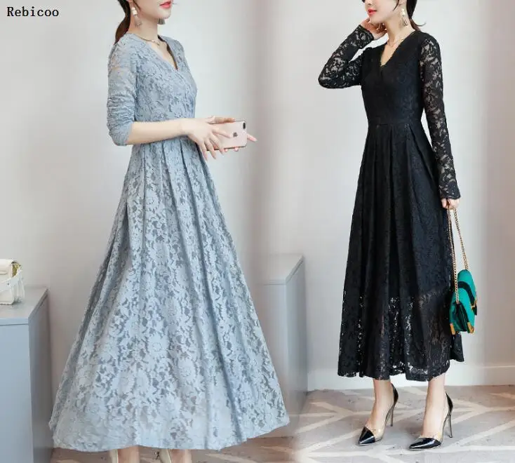 

Women long sleeve pink black blue white lace dresses fashion elegant long maxi dress spring autumn party vestidos