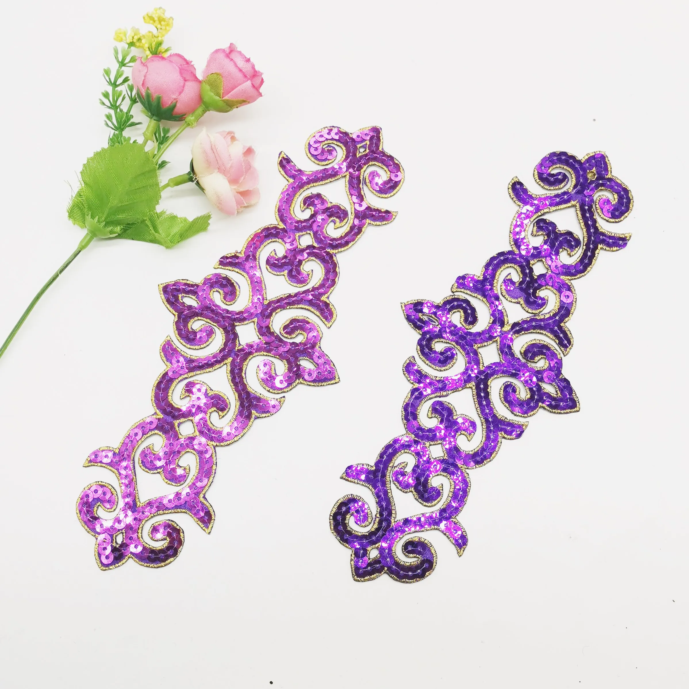 1 Piece Iron On Appliqued Sequin Embroidery Patches Cosplay Costumes Flower Vintage Diy Trims 21*8cm