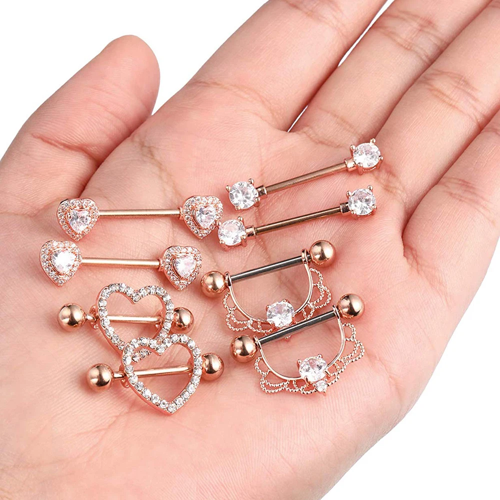 1pair Sexy Nipple Jewelry High Quality Zircon Nipple Rings Heart Barbell Nipple Ring Piercing Helix Piercing Body Shield Bar