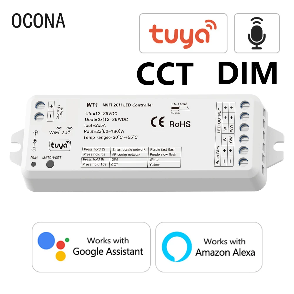 

Wifi LED Controller Tuya Smart APP Control 2.4G RF Wireless DIM CCT For Strip Lights Works with Alexa Google Assistant 12V 24V