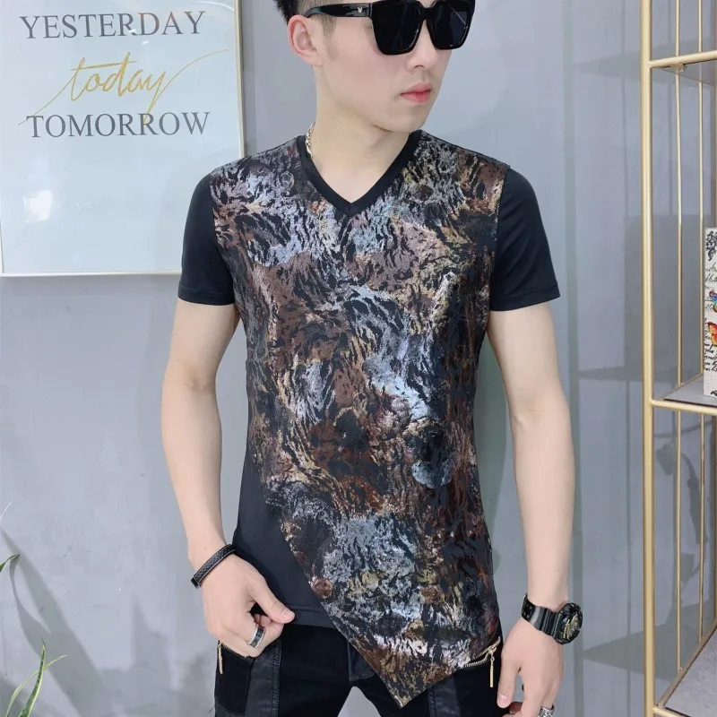 Summer new men round neck Hip Hop leather T-shirt tide male short-sleeved shirts skinny Fashion personality stitching T Shirt