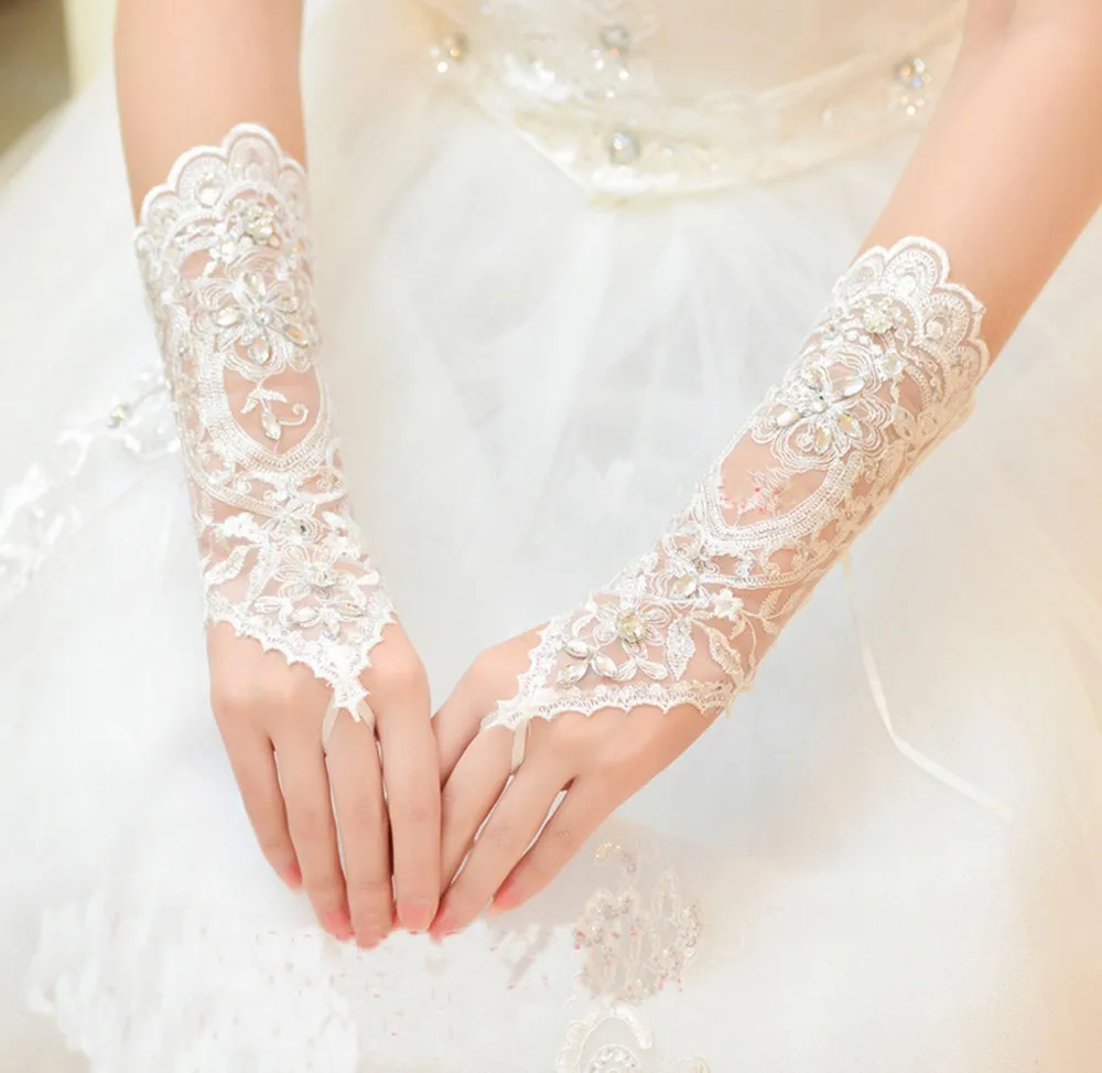 1 par de guantes de novia sin dedos de color blanco marfil para mujer, elegante guante de encaje blanco con diamantes de imitación, accesorios de boda