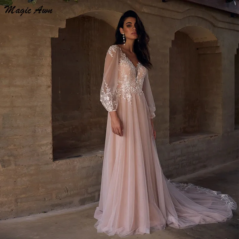 Magic Awn maniche a sbuffo complete abiti da sposa rosa illusione da spiaggia Appliques di pizzo scollo a v Boho abiti da festa di nozze abiti aperti sul retro