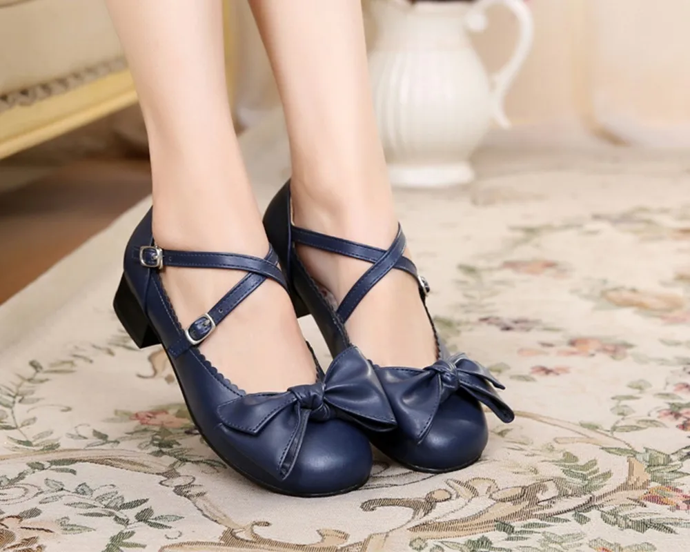 Sweet lolita shoes vintage round head flat heel princess women shoes lace bowknot cross bandage kawaii shoes loli cosplay cos