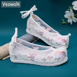 Veowalk Summer Women Ankle Strap Chinese Style Embroidered Gauze Mesh Platform Flats Ladies Comfortable Hanfu Shoes White Pink