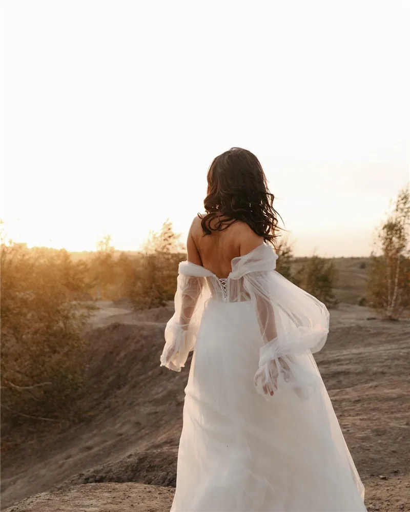 Vestidos de novia Vintage bohemios, Vestidos de novia de encaje bohemios de hadas, abullonados, vestido de novia de manga larga desmontable, Vestidos de playa 2022