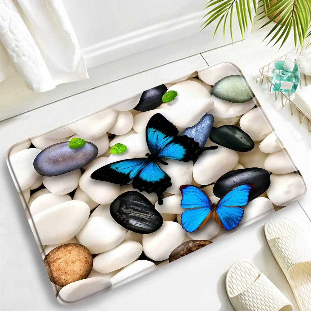 Colored Stones Pebble Door Mat Home Decor Blue Butterfly Creative Design Bathroom Non-slip Carpet Toilet Cover Rug Bath Mats Set