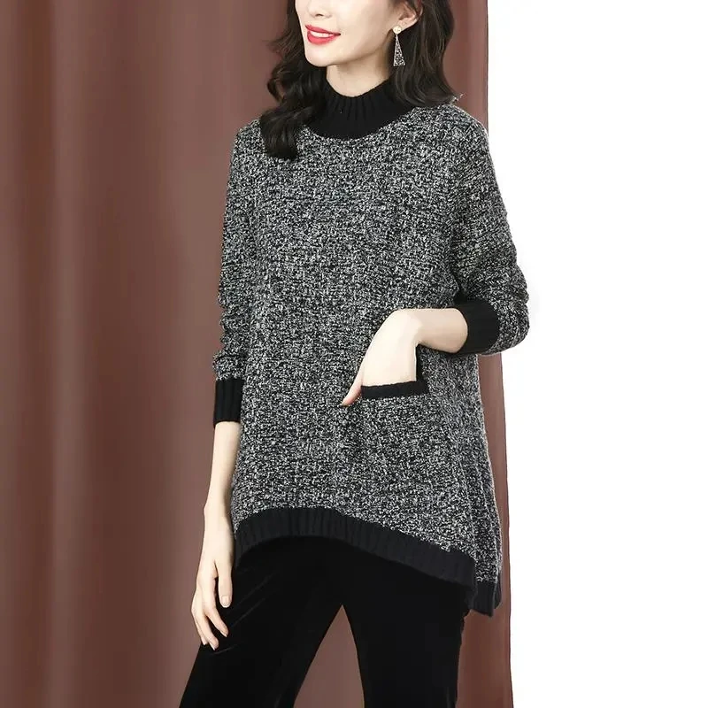 Women\'s Knitted Sweaters Spring Autumn Loose Half Turtleneck Knitted Tops Female Pullover Jacket 3XL