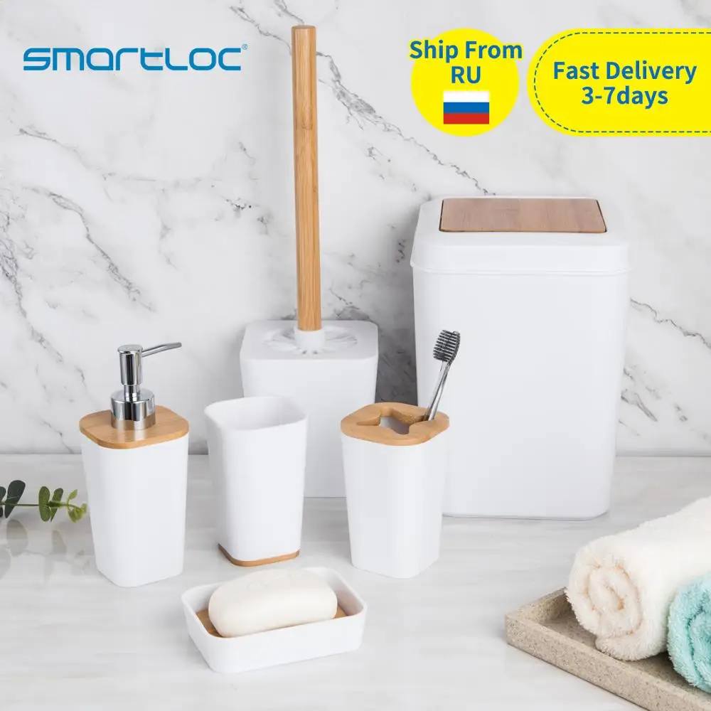 Set of 6 smartloc Plastic Bathroom Accessories Set Toothbrush Holder Toothpaste Dispenser Case Soap Box Toilet Shower Storage