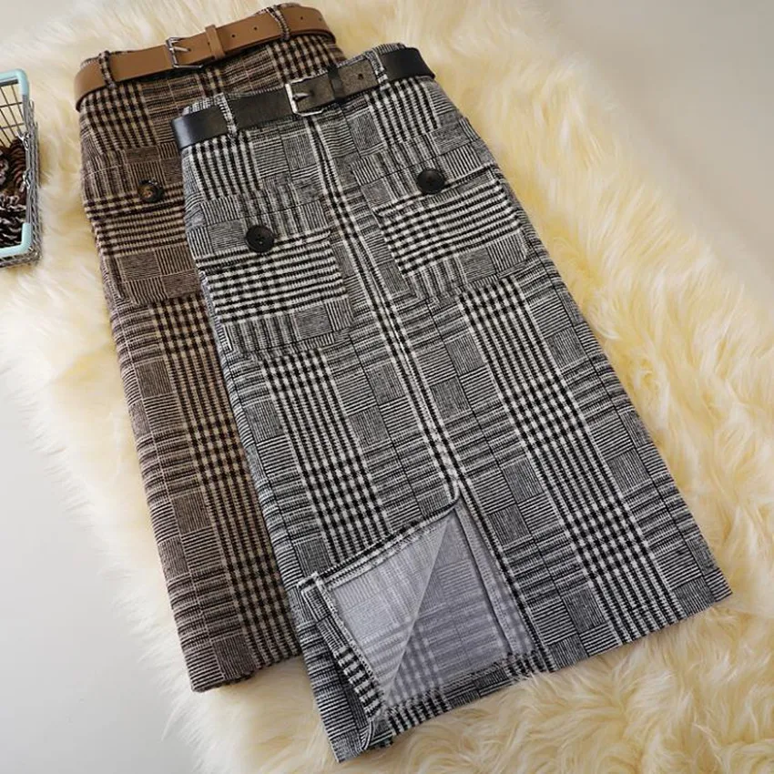 

Autumn winter vintage plaid woolen skirt women high waist split a-line skirt